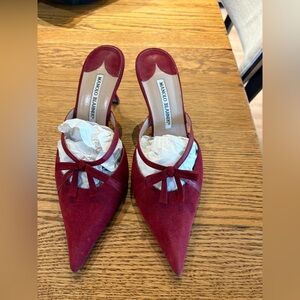 Manolo Blahnik Burgundy Pointed-Toe Suede Mules with Bow